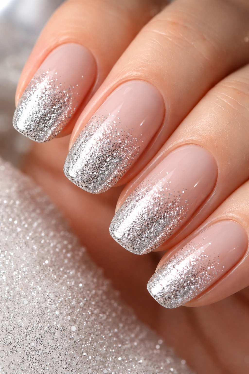 Close-up of nude nails with silver glitter tip gradient