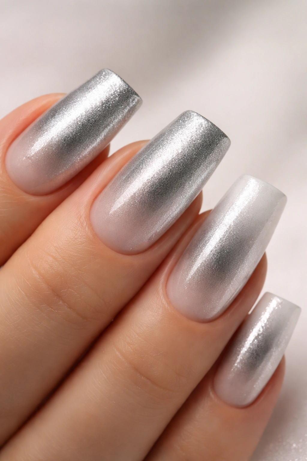 Close-up of a duck nail with silver to white gradient