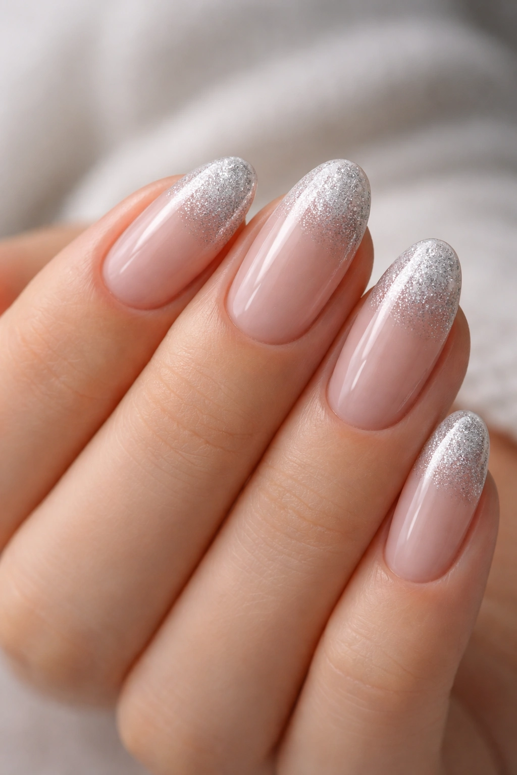 Close-up of pale silver micro-glitter on short almond nails with sheer base and glossy finish