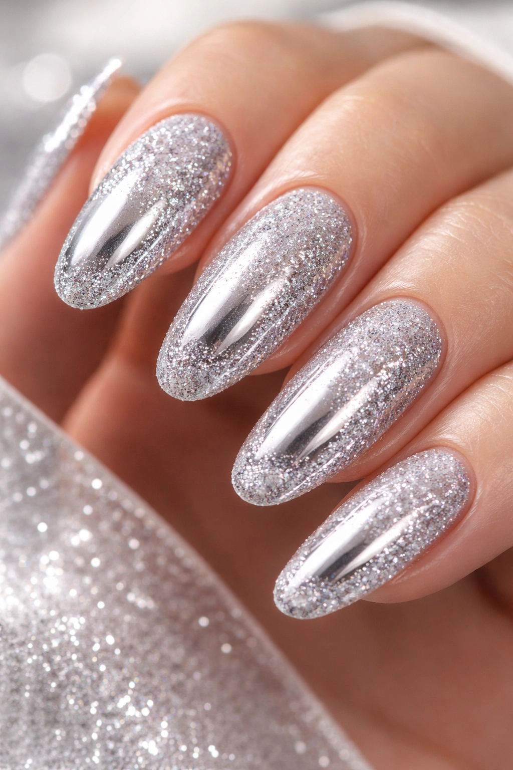 Close-up of silver mirror sugar nails on long round nails with reflective texture