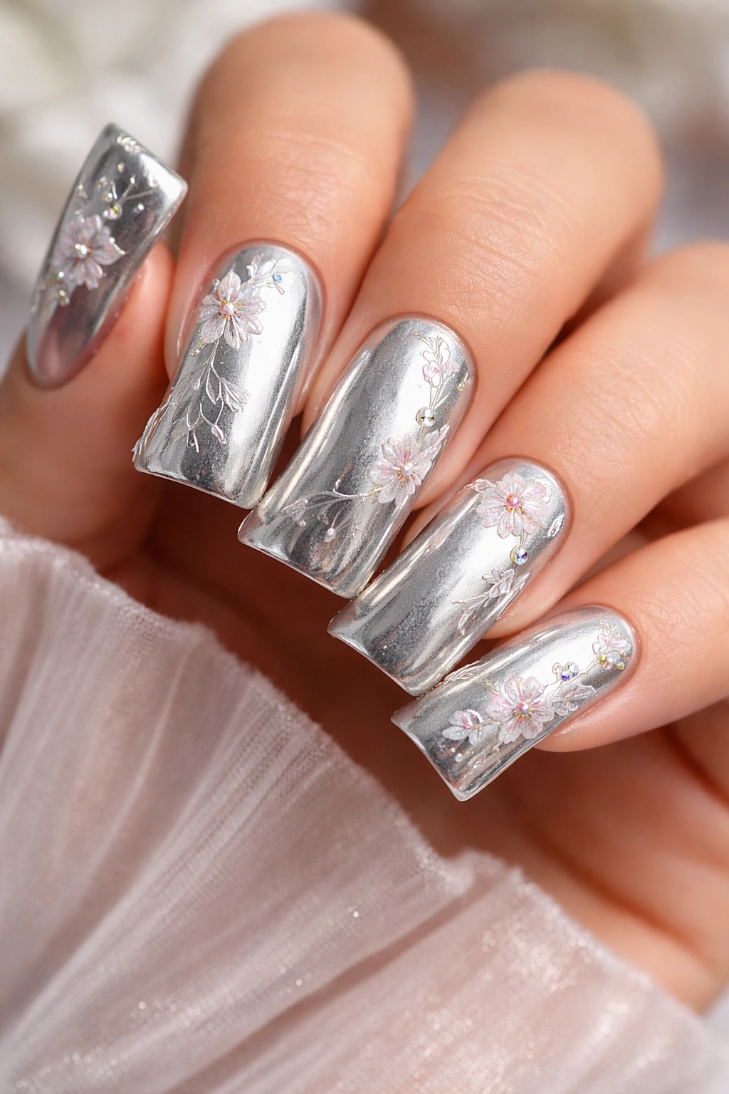 Duck nails with silver base and delicate fine-line nail art.