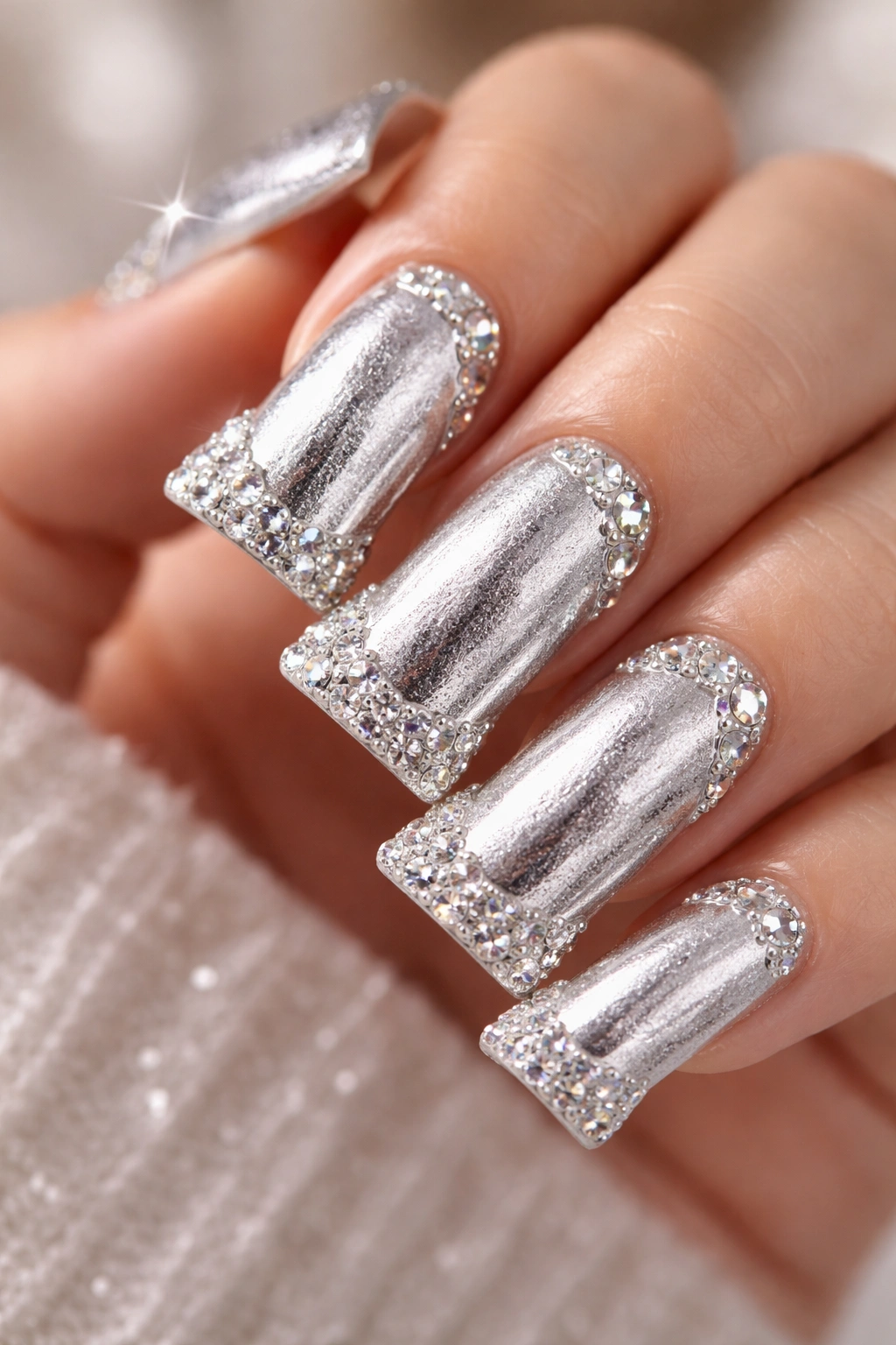 Duck nail with rhinestones on a silver base.