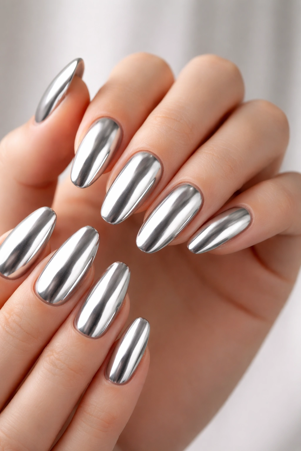 Close-up of metallic silver nails with chrome finish on fingers, studio lighting