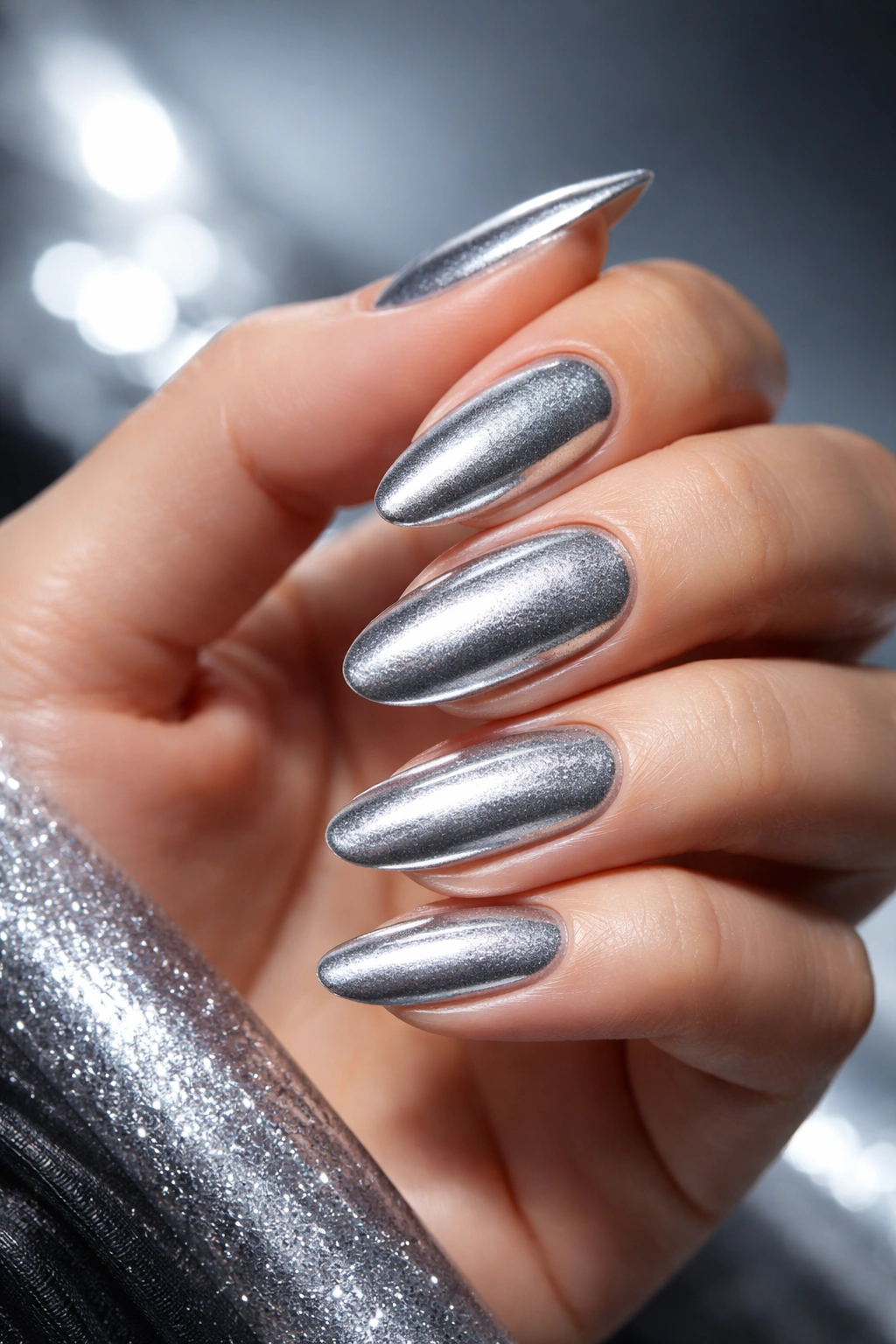 Close-up of silver metallic nails with chrome glitter on a hand