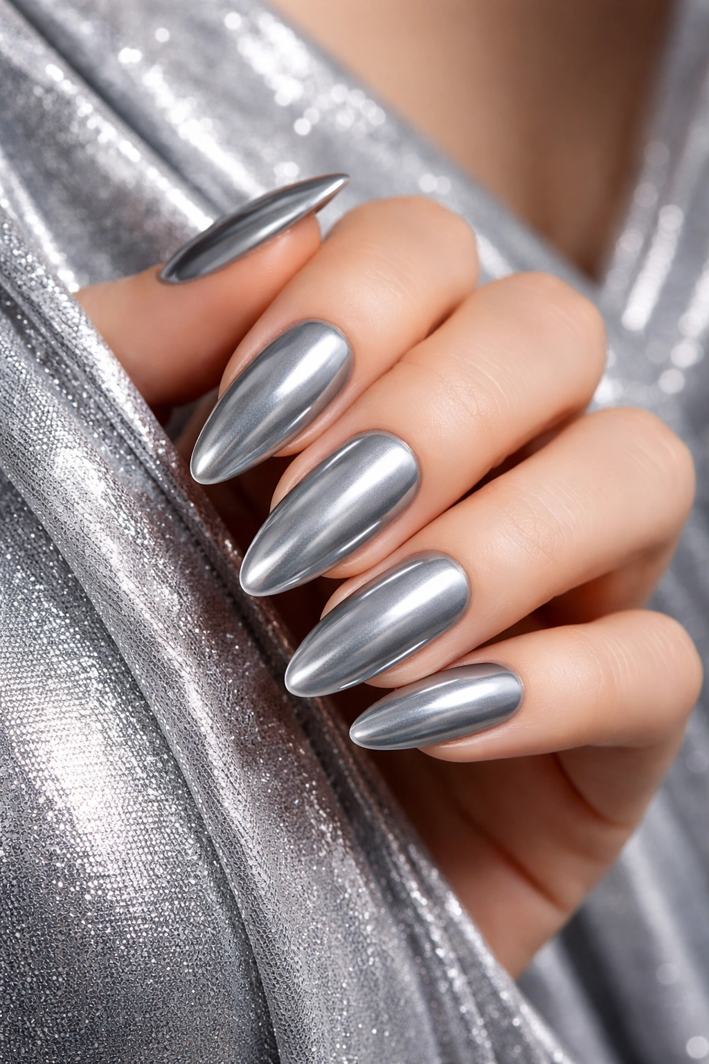 Close-up of cool gray chrome nails against silver fabric backdrop