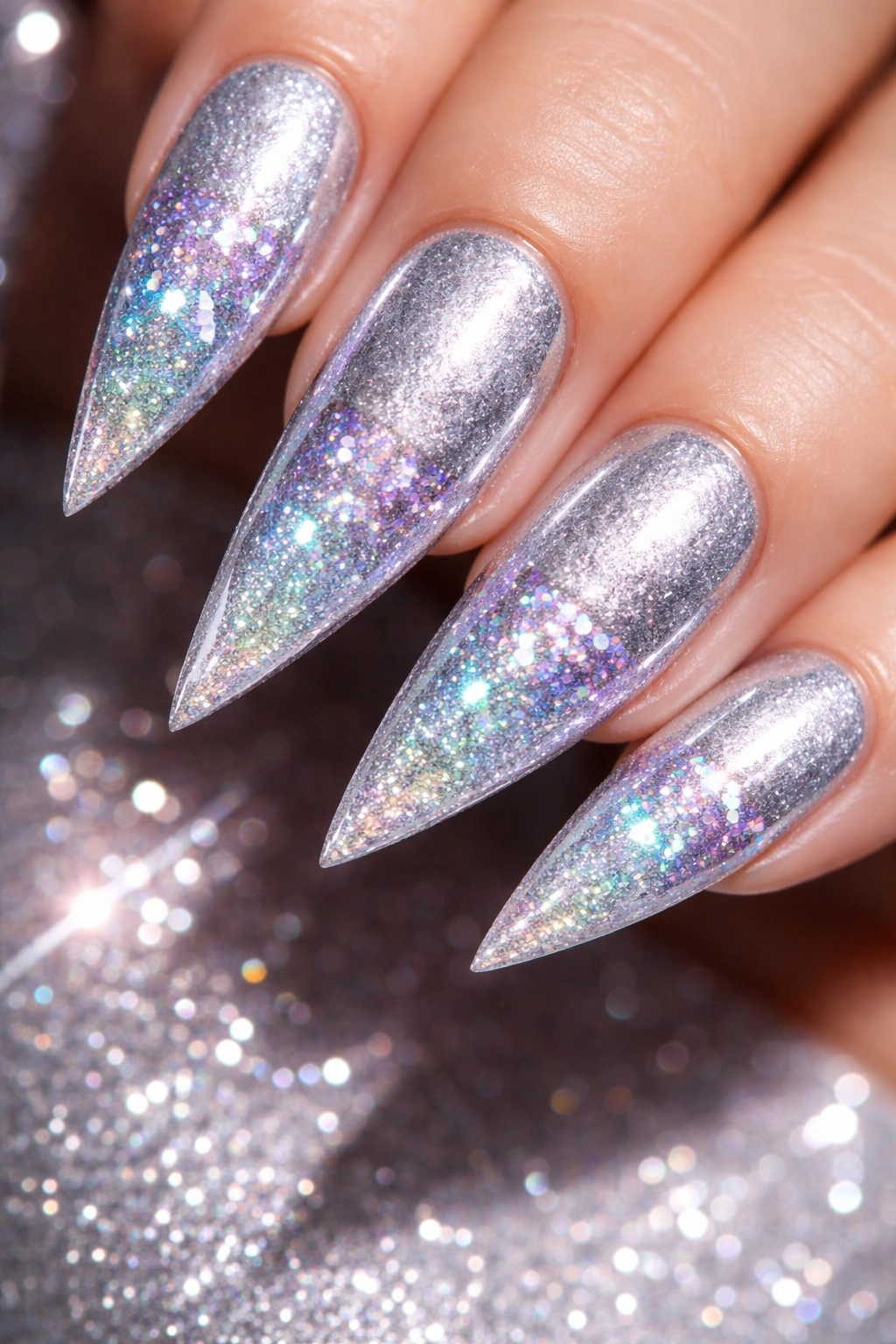 Close-up of silver stiletto nail with iridescent glitter gradient toward the tip