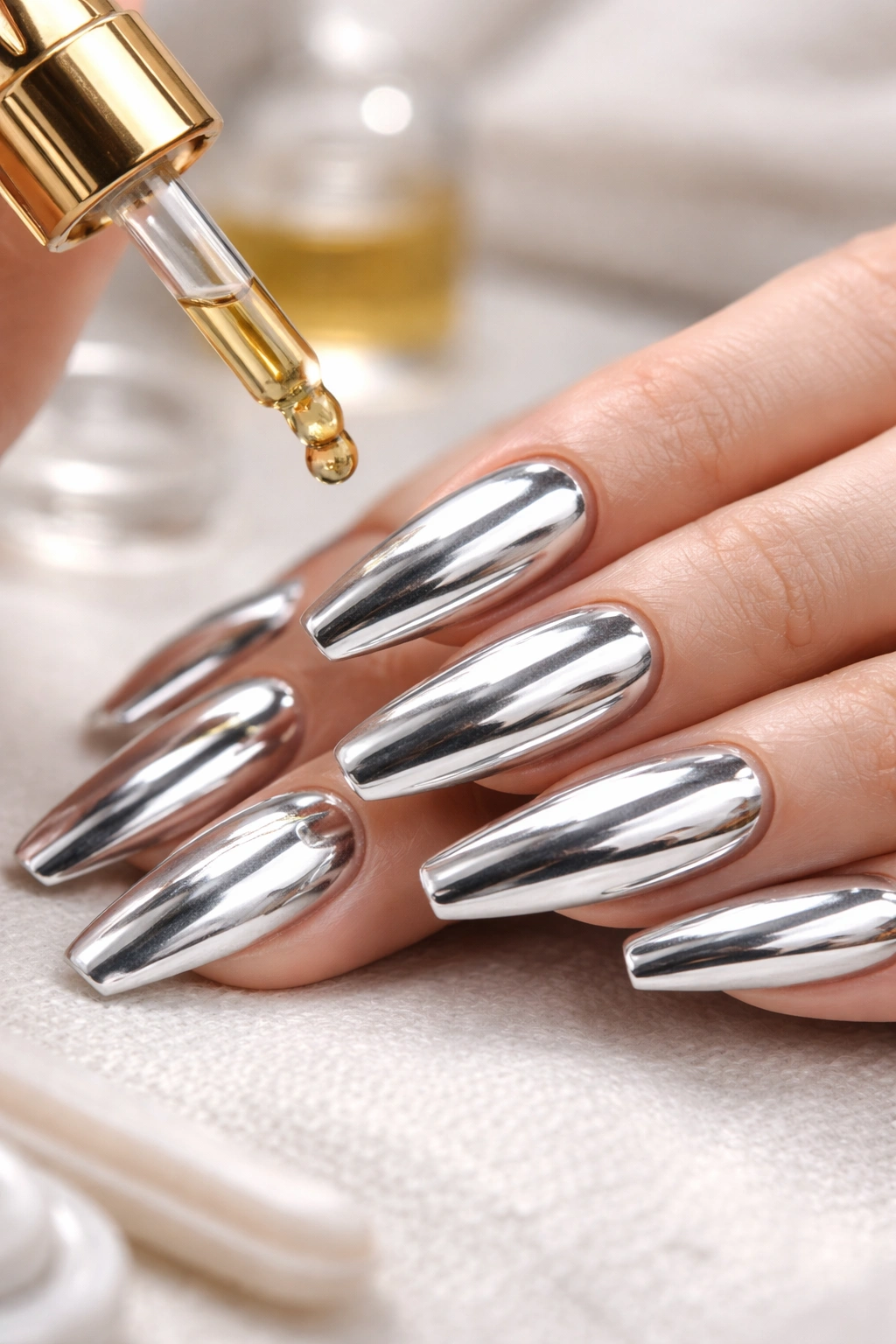Close-up of silver ballerina nails with cuticle oil and glossy mirror finish