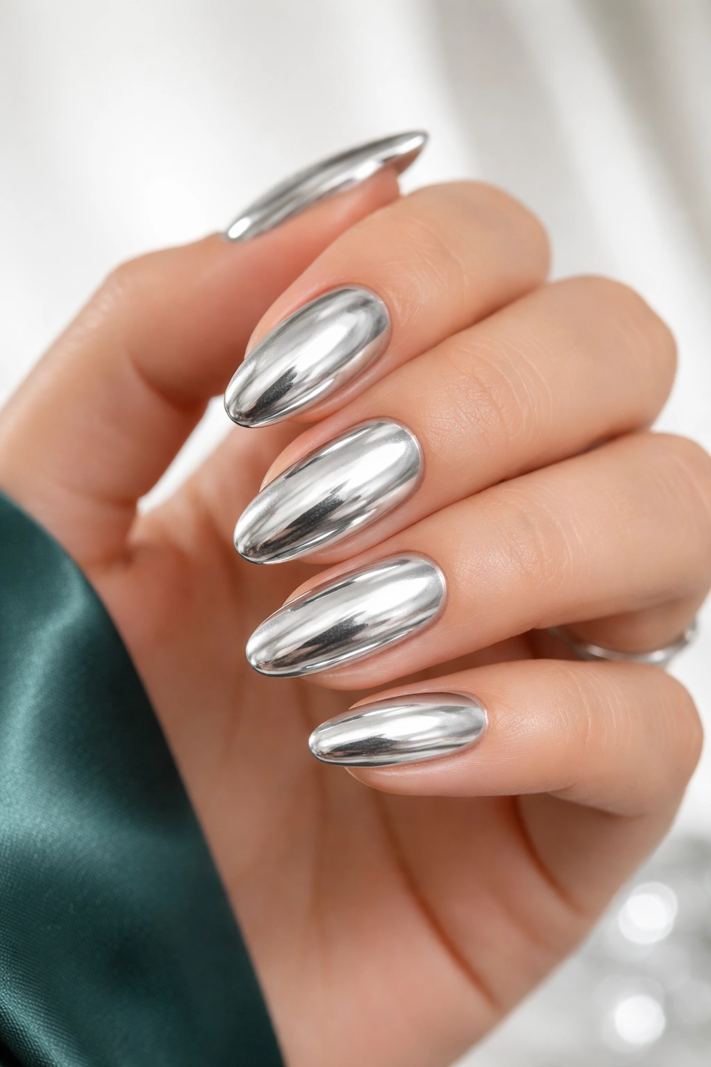 Close-up of silver metallic nails on hand