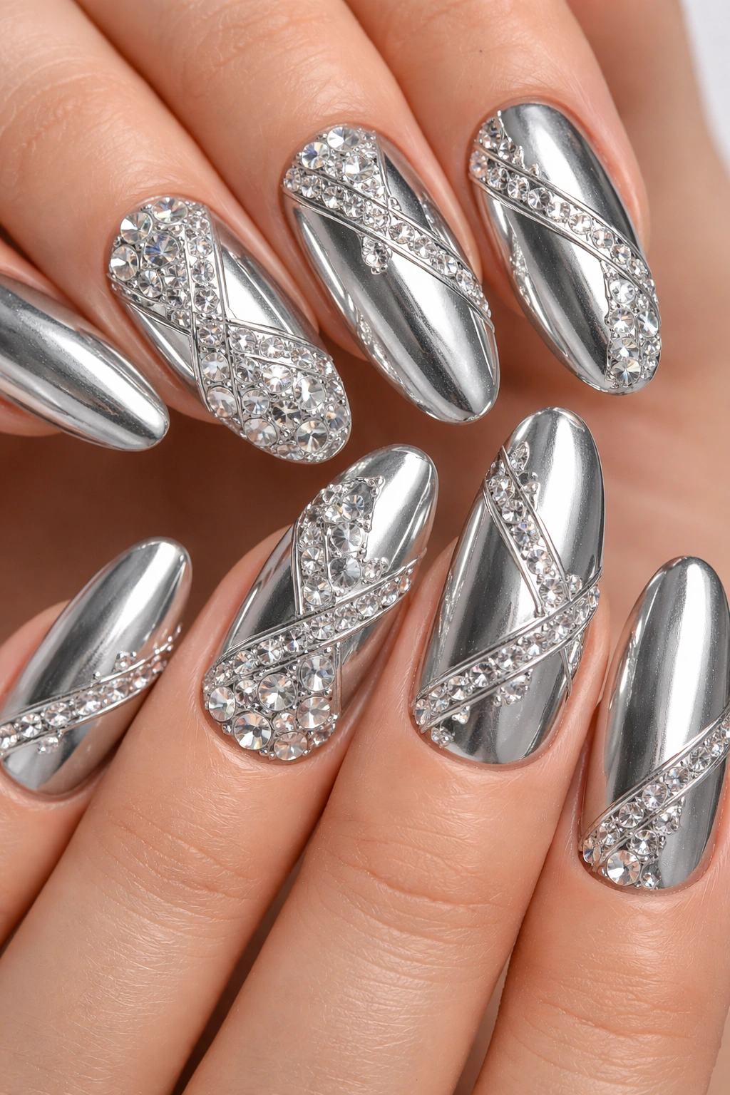 Silver metallic nails with geometric rhinestone pattern on long oval shape.