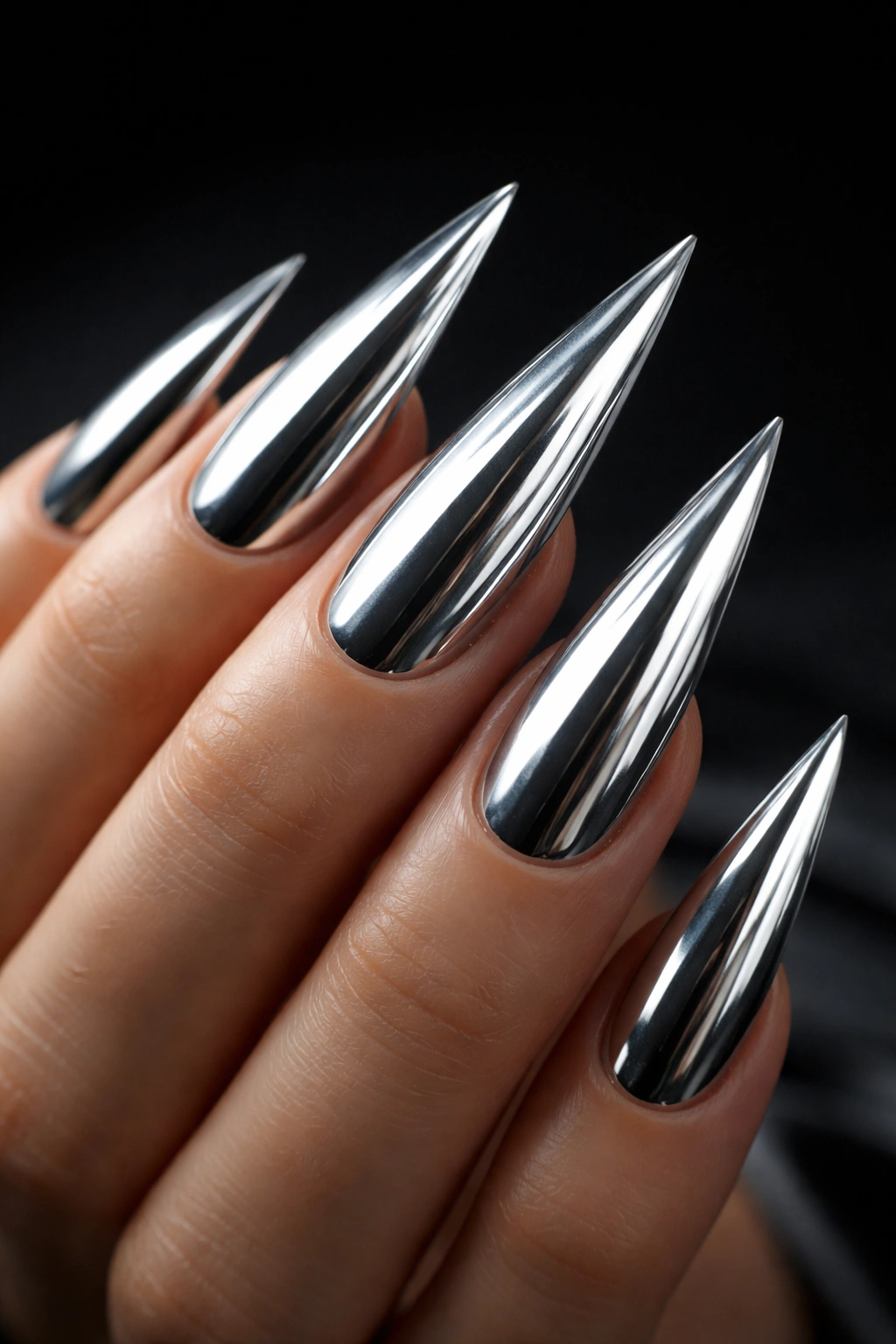Close-up of metallic silver stiletto nails with mirror finish