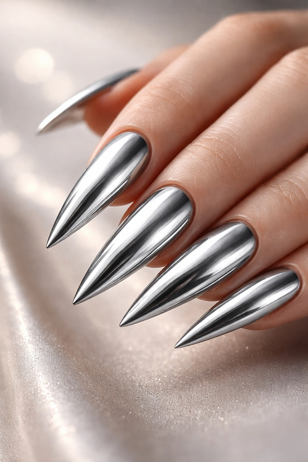 Close-up of a long stiletto nail with a glossy metallic silver finish