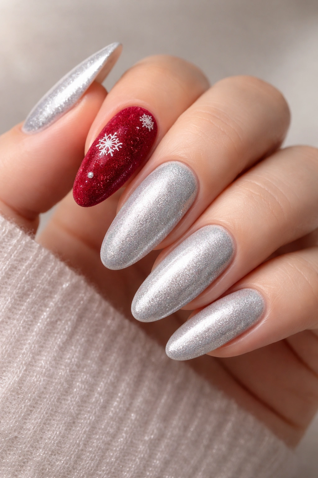 Close-up of long oval nails: eleven silver shimmer nails with a red velvet textured accent nail and tiny snowflakes.