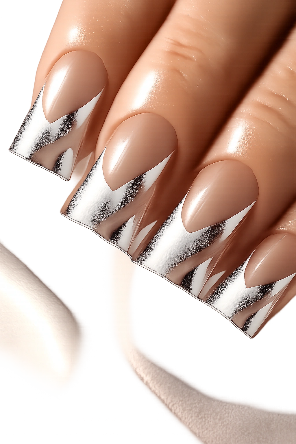 Close-up of a duck nail with silver and negative space geometric design