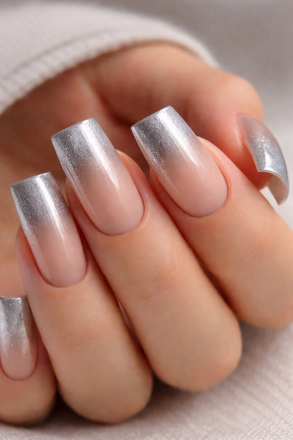 Close-up of a duck nail with a seamless silver-to-nude gradient.