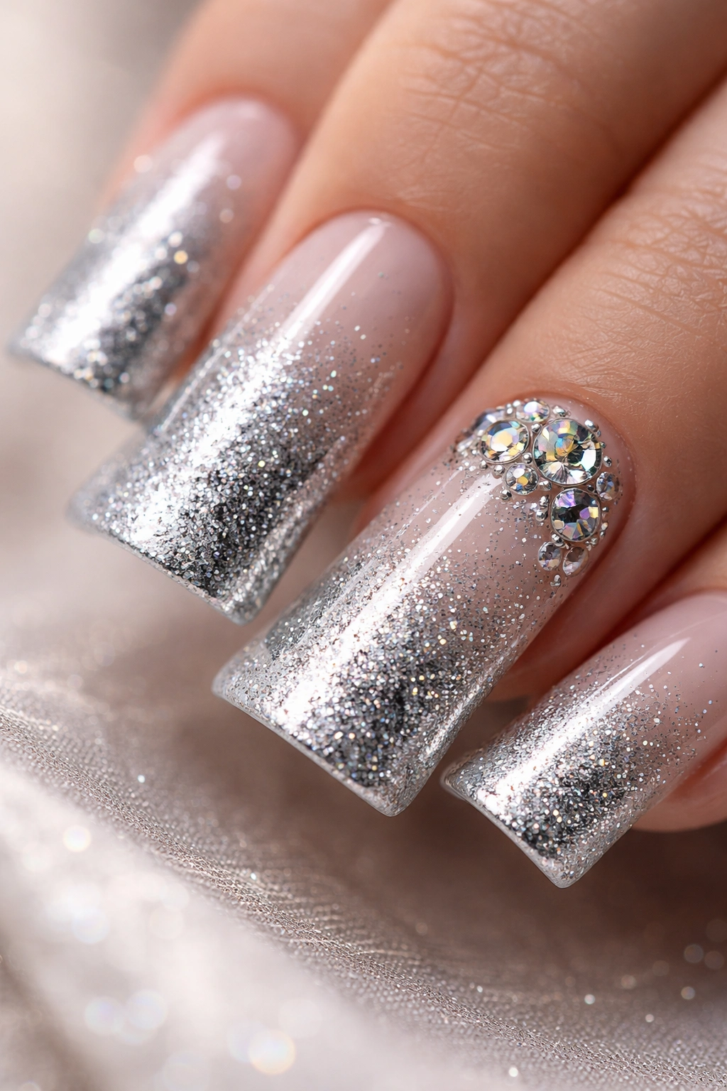 Close-up of a duck nail with silver ombre and shimmer