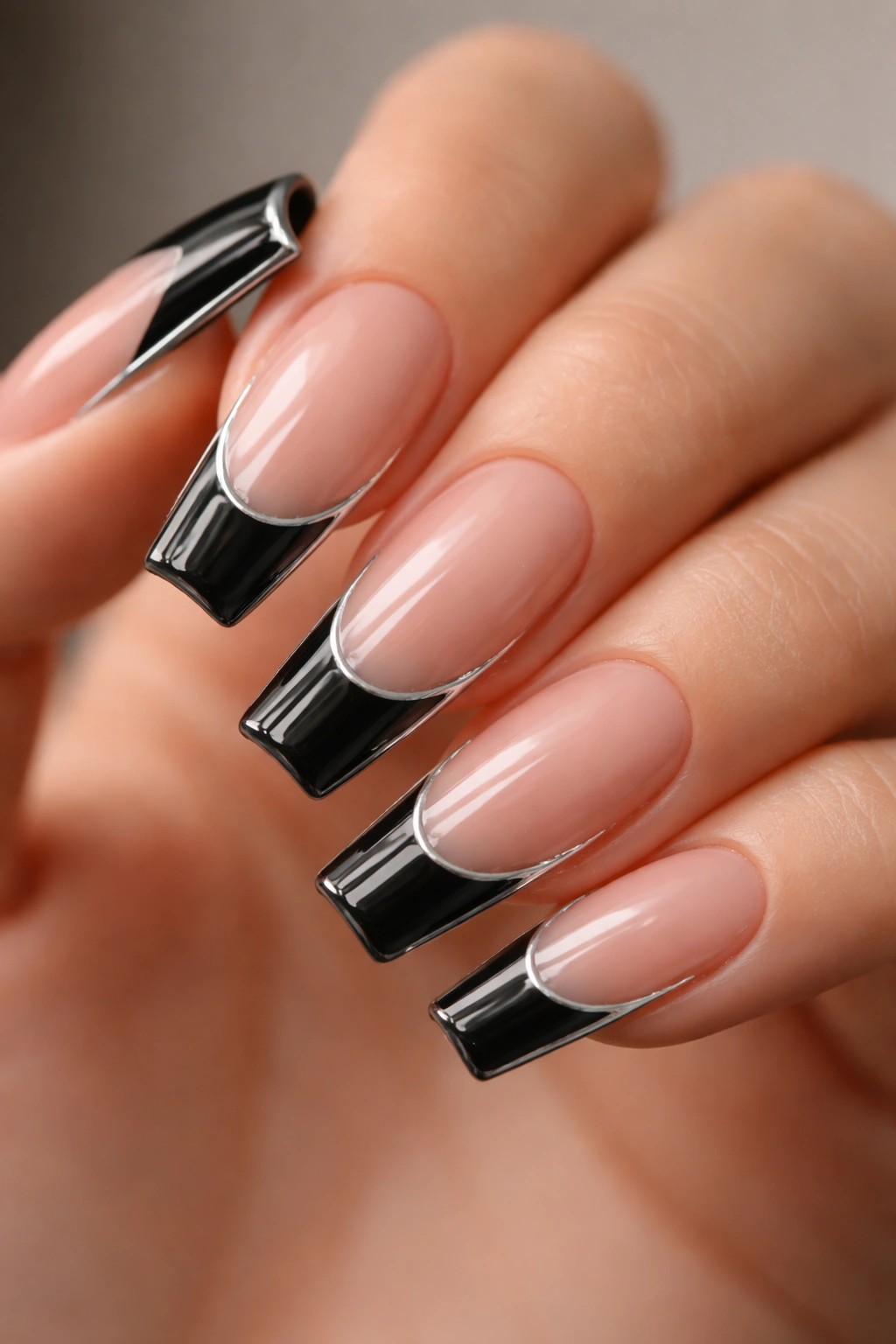 Silver-outlined black tips with metal trim on ballerina nails