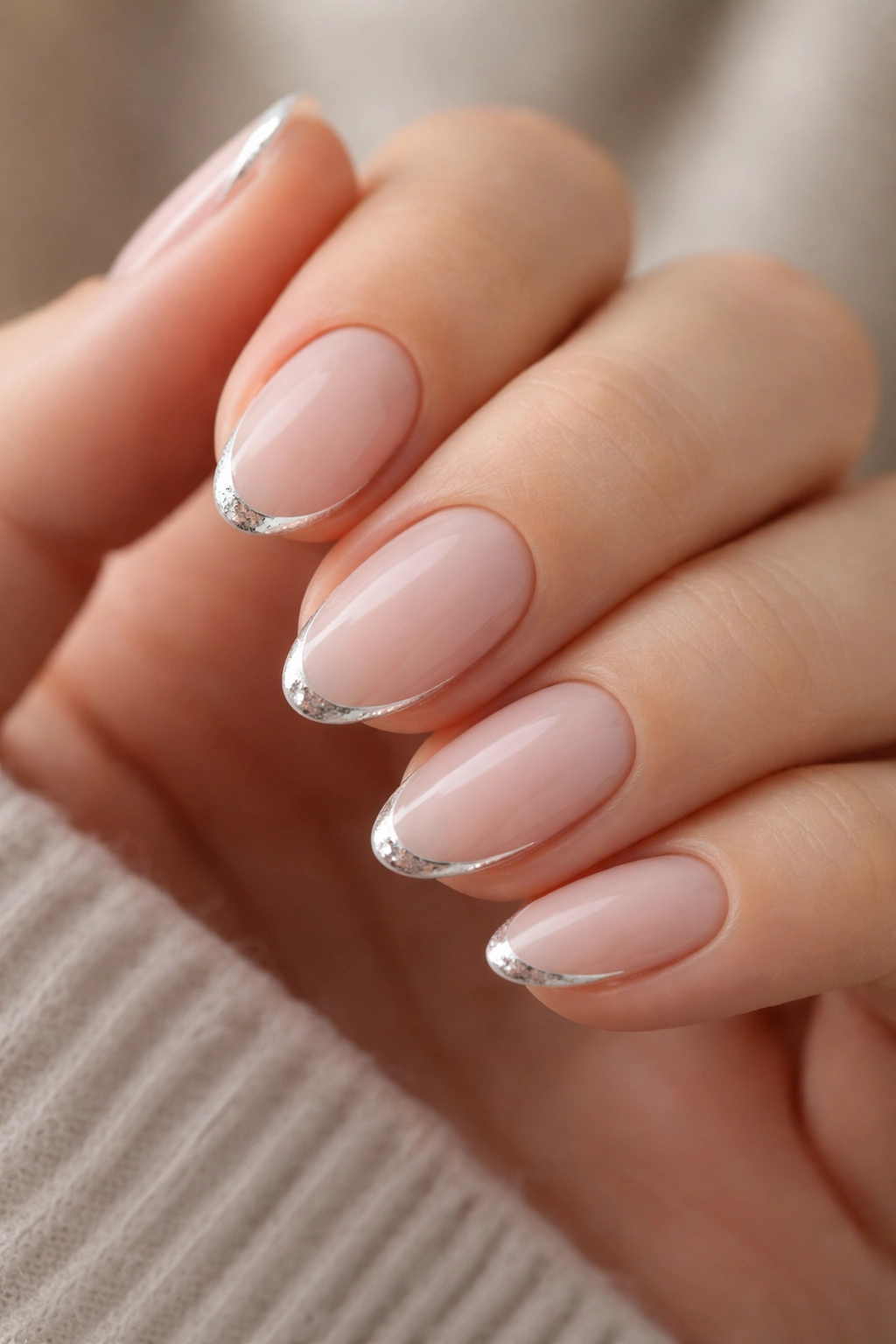 Close-up of short almond nails with a silver outline along the French tips