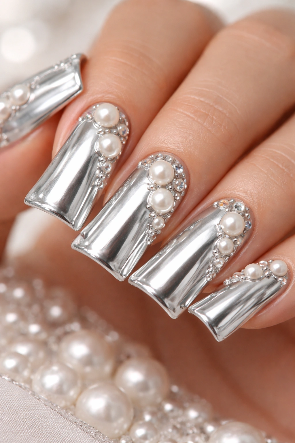 Close-up of a duck nail with silver finish and pearl accents