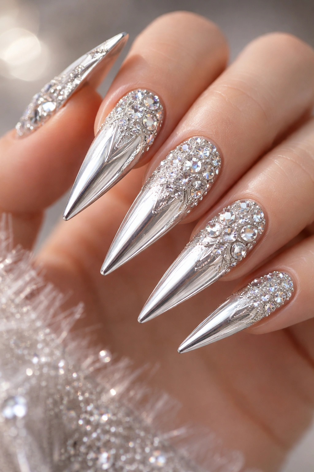 Close-up of silver stiletto nails with rhinestone geometric patterns on a bare hand