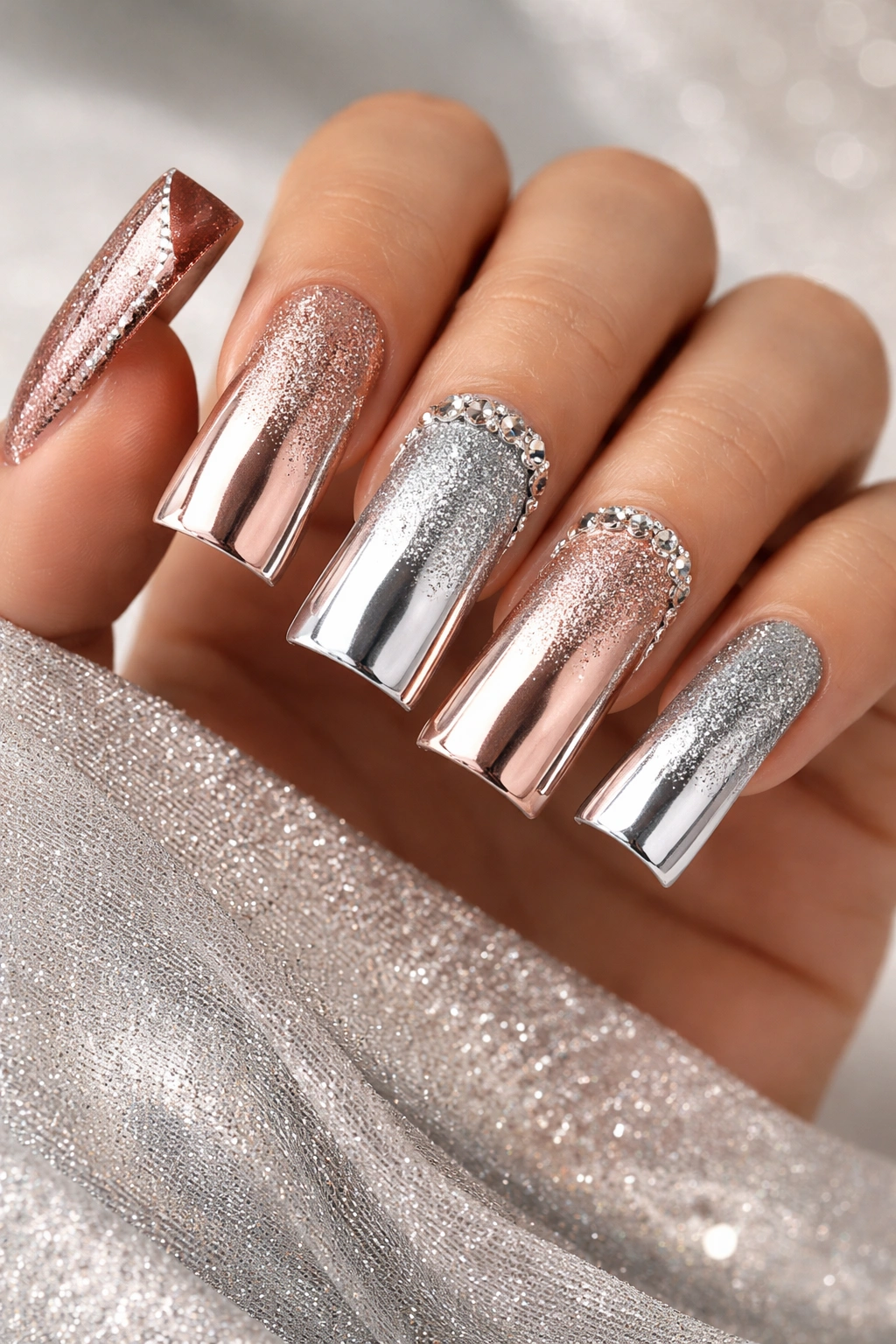 Duck nails with alternating silver and rose gold metallic finishes.