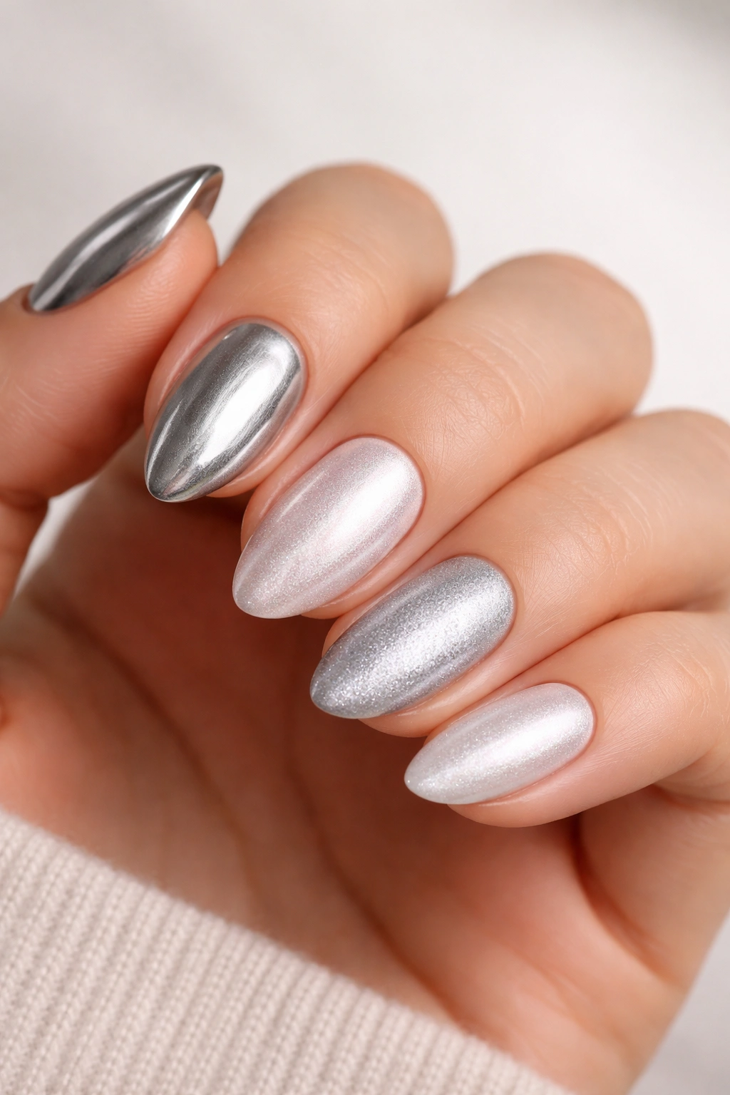 Close-up of a hand with short almond nails painted in multiple silver shades
