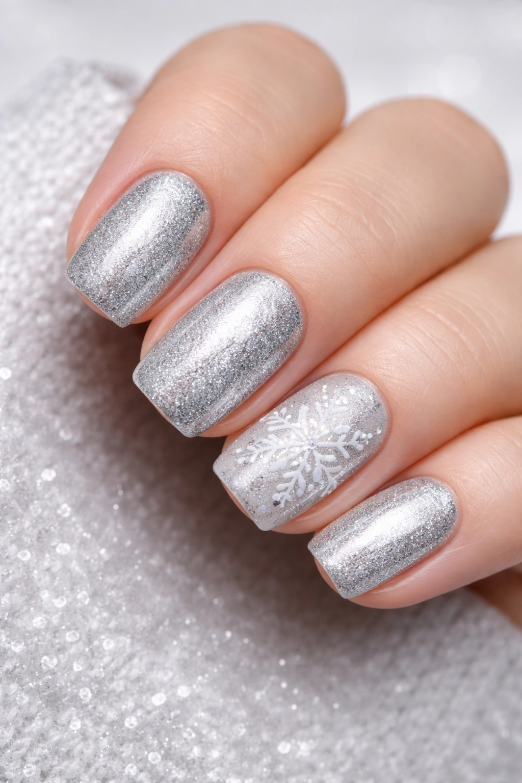 Close-up of silver nails with delicate white snowflake accents on accent nails