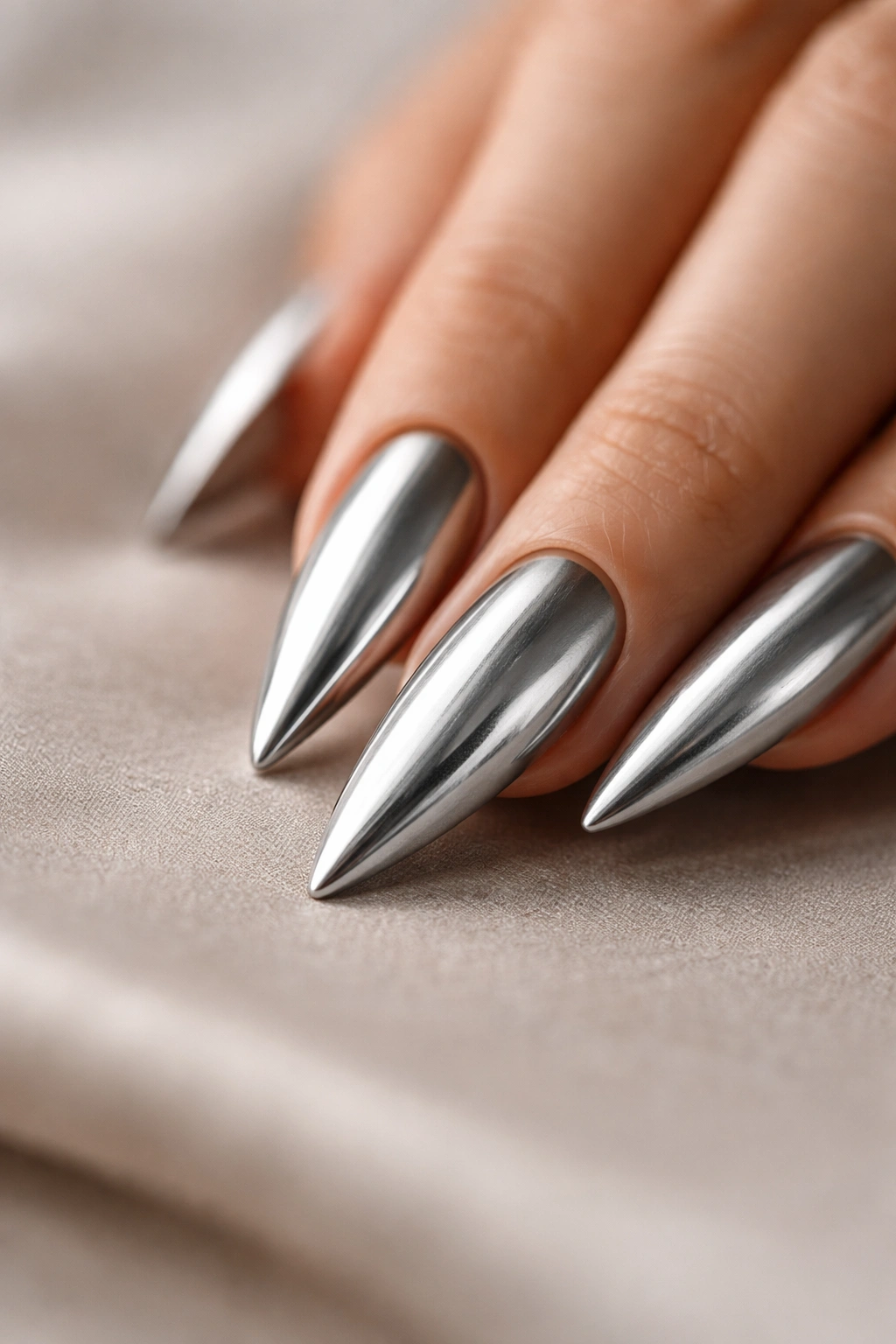 Single silver stiletto nail on neutral surface, polished and elegant.