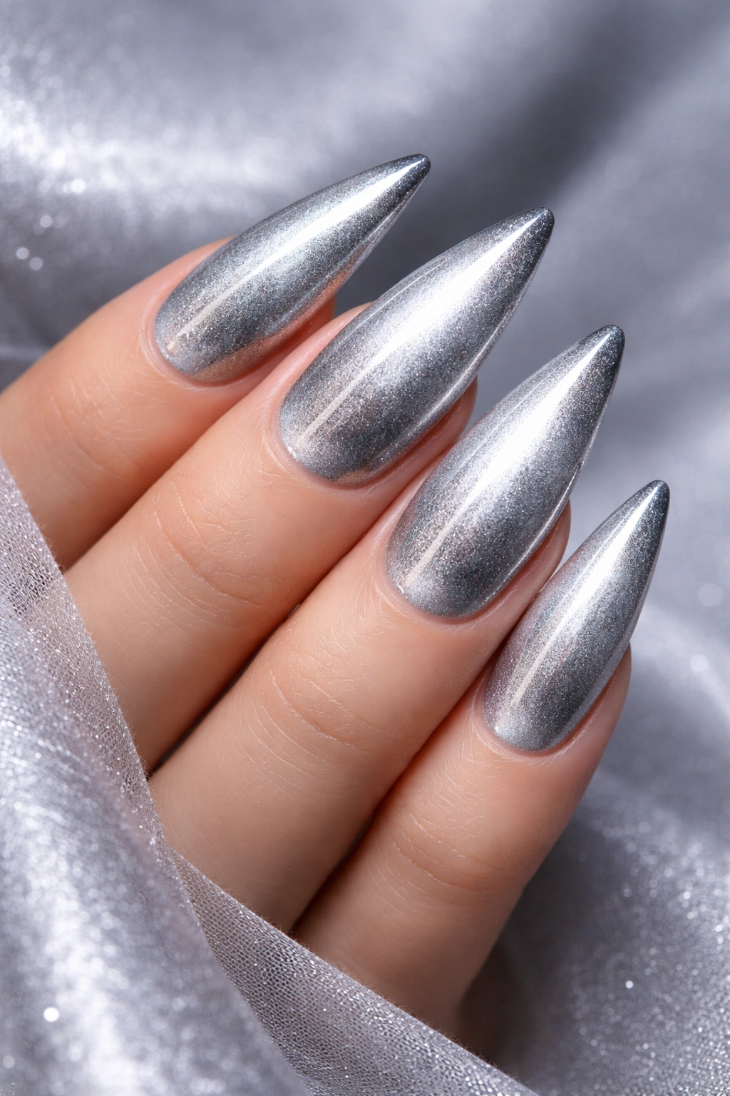 Close-up of silver velvet nails with icy center shimmer against a neutral background