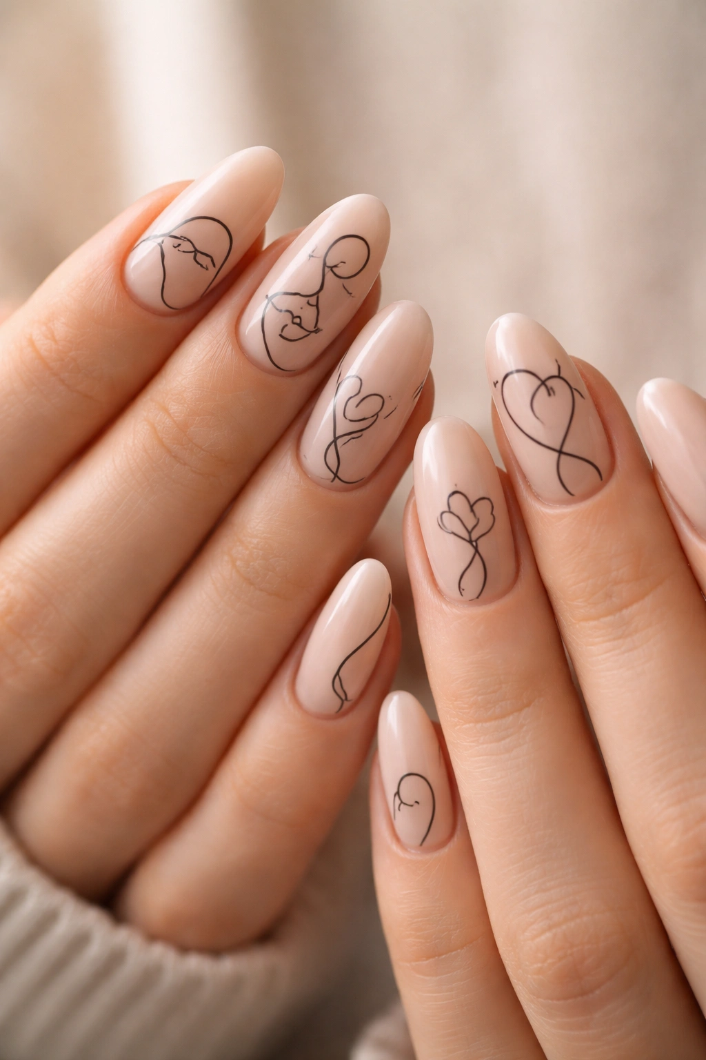 Two hands with continuous line nail art in matching weight on neutral bases