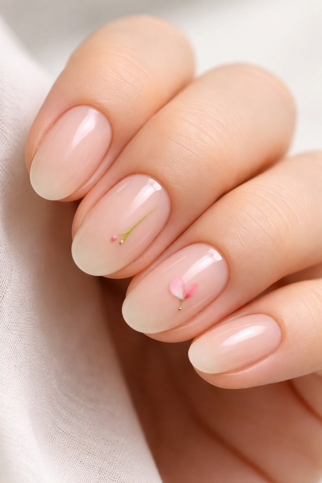 Close-up of short almond nails with single-petal floral accents