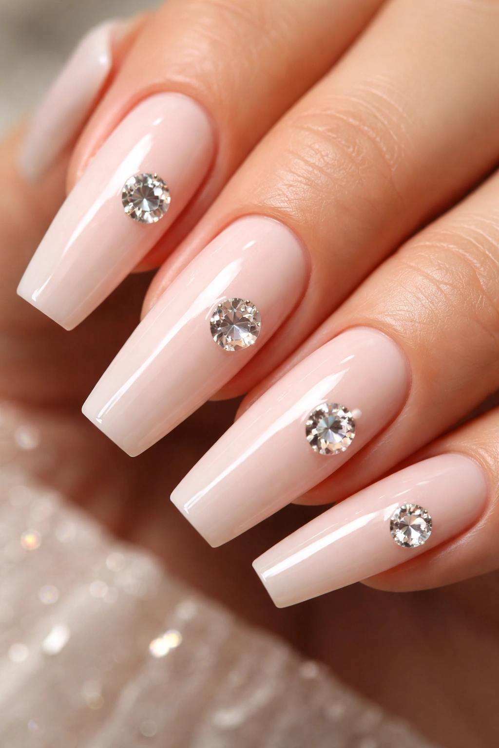 Coffin nails with a single large rhinestone per nail off-center