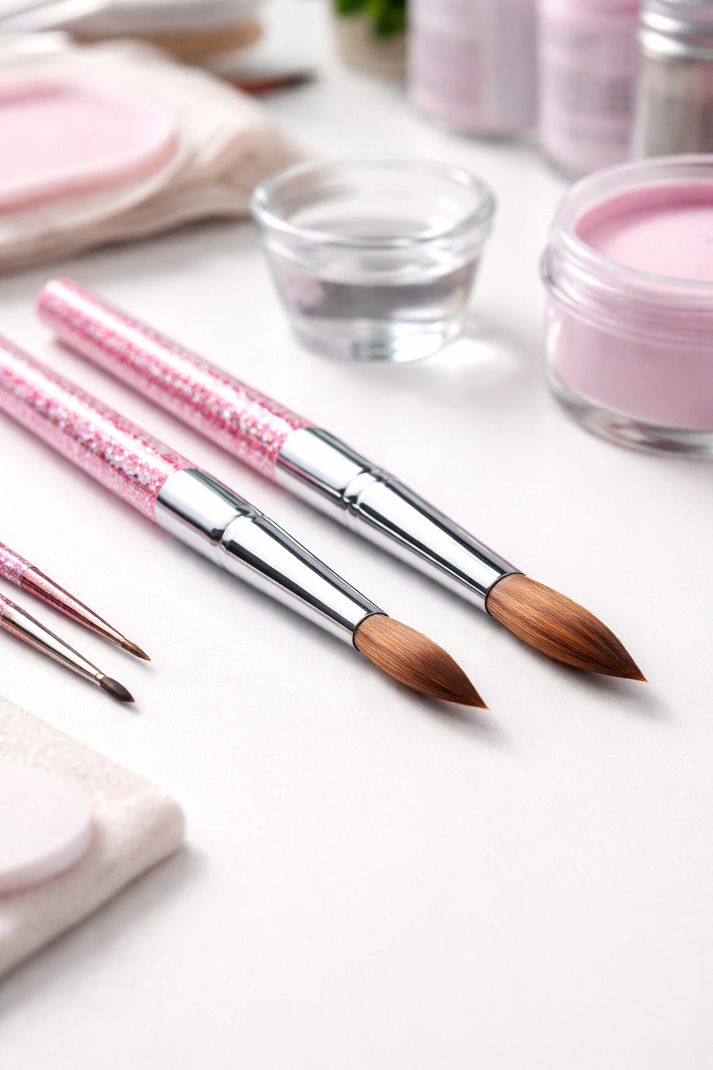 Two mid sized acrylic brushes on a clean workspace