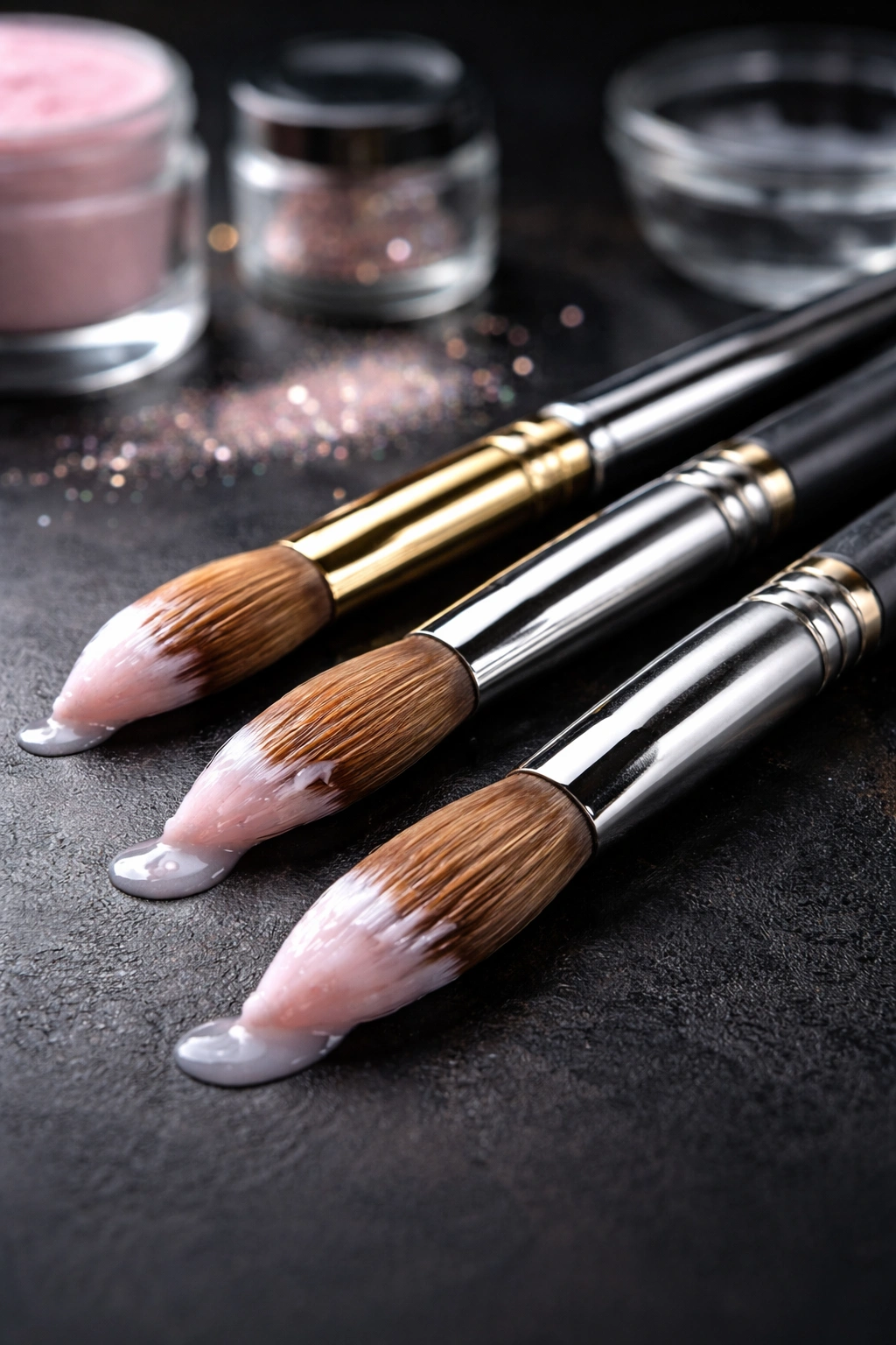 Two large bristle acrylic brushes on a dark surface