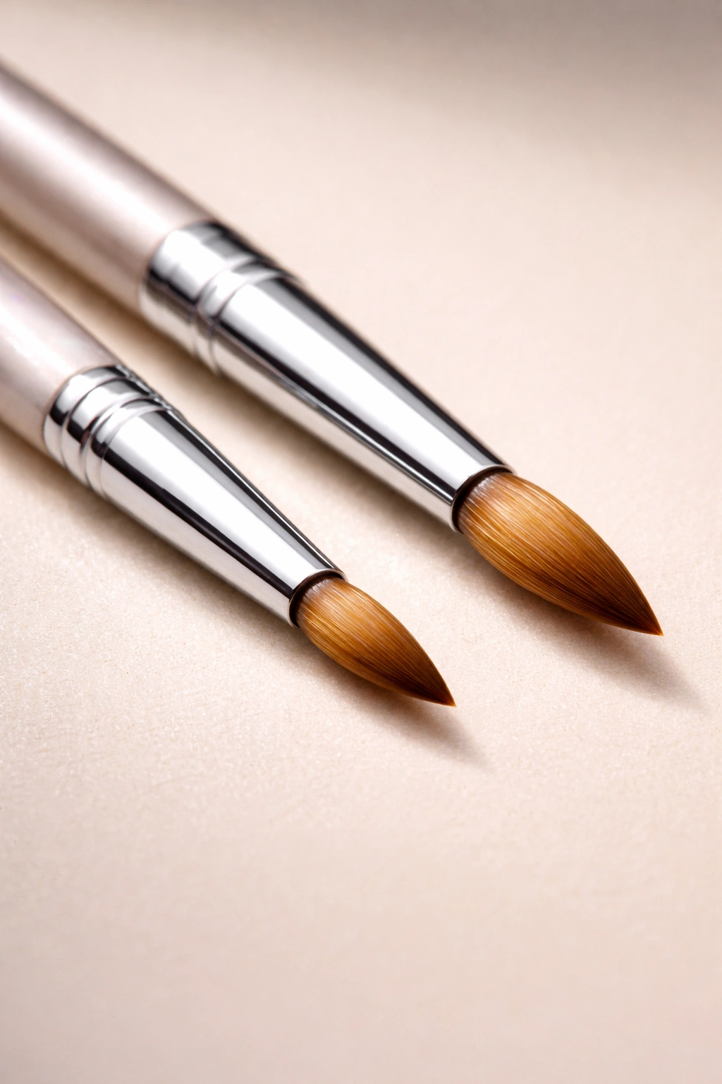 Two small acrylic brushes with tiny heads on a matte surface