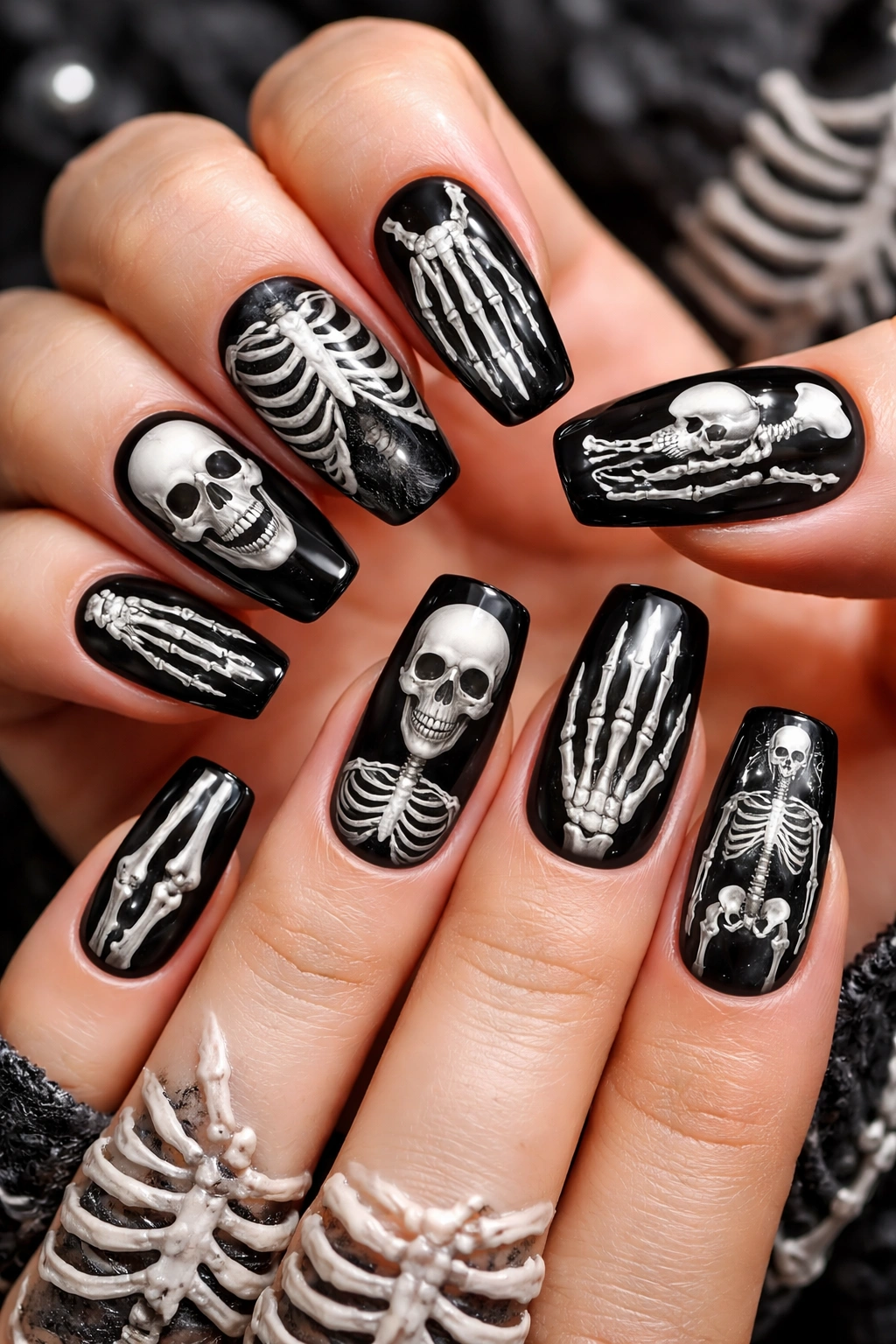 Close-up nails with skeleton bone art on dark base, Halloween nail design