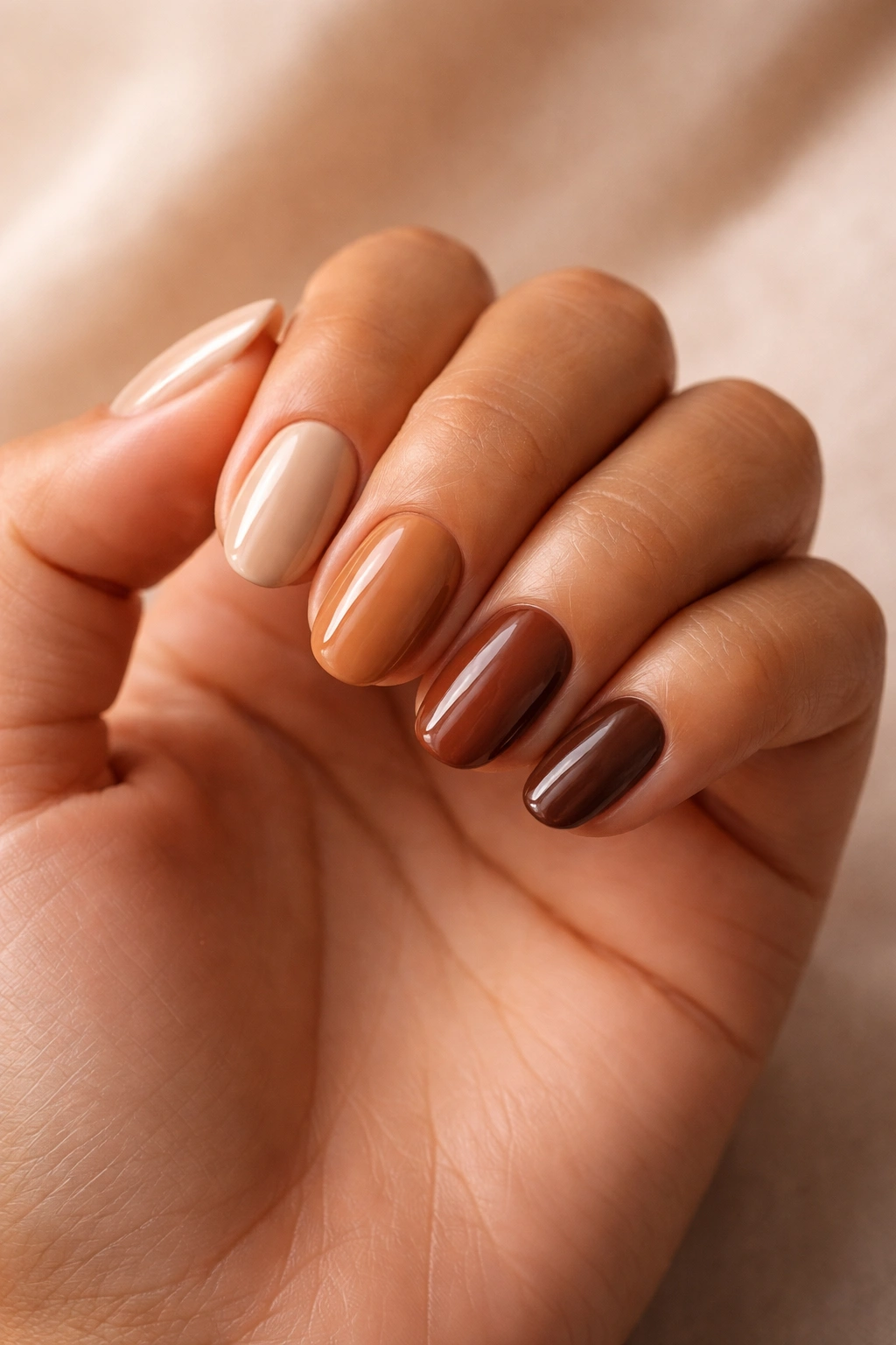 Hand with nails in multiple brown shades illustrating undertone matching