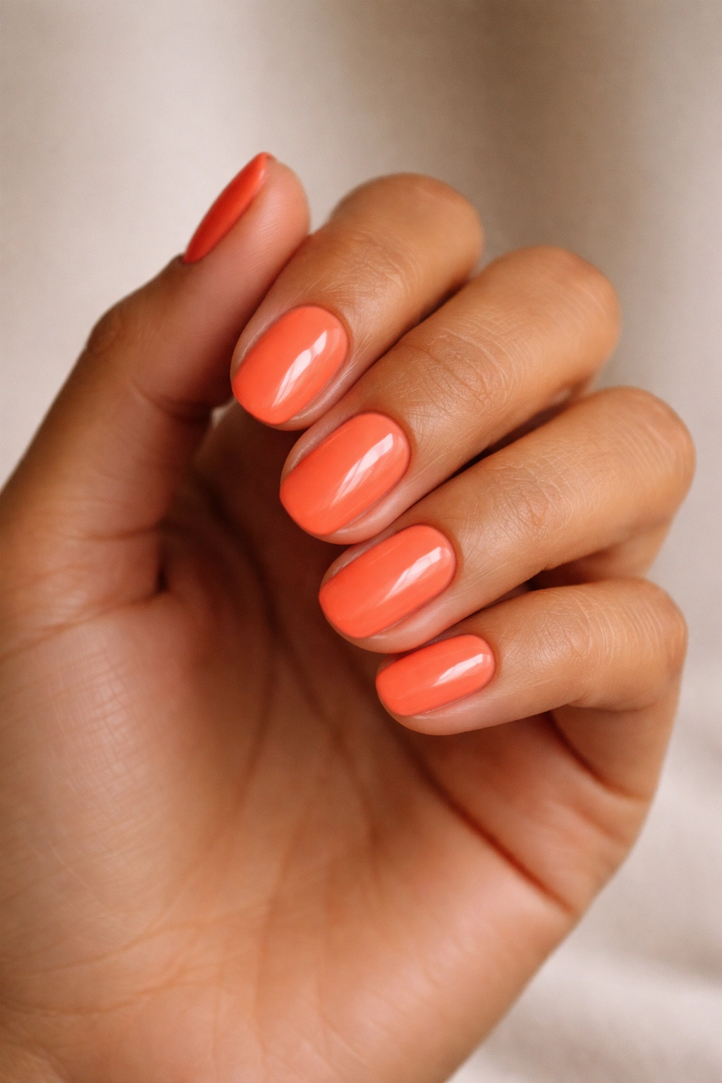 Close-up of a hand with short oval nails painted to suit warm olive skin tone