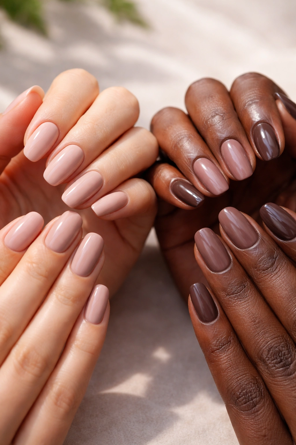 Close-up of hands in varying skin tones with glossy and matte nails under natural light