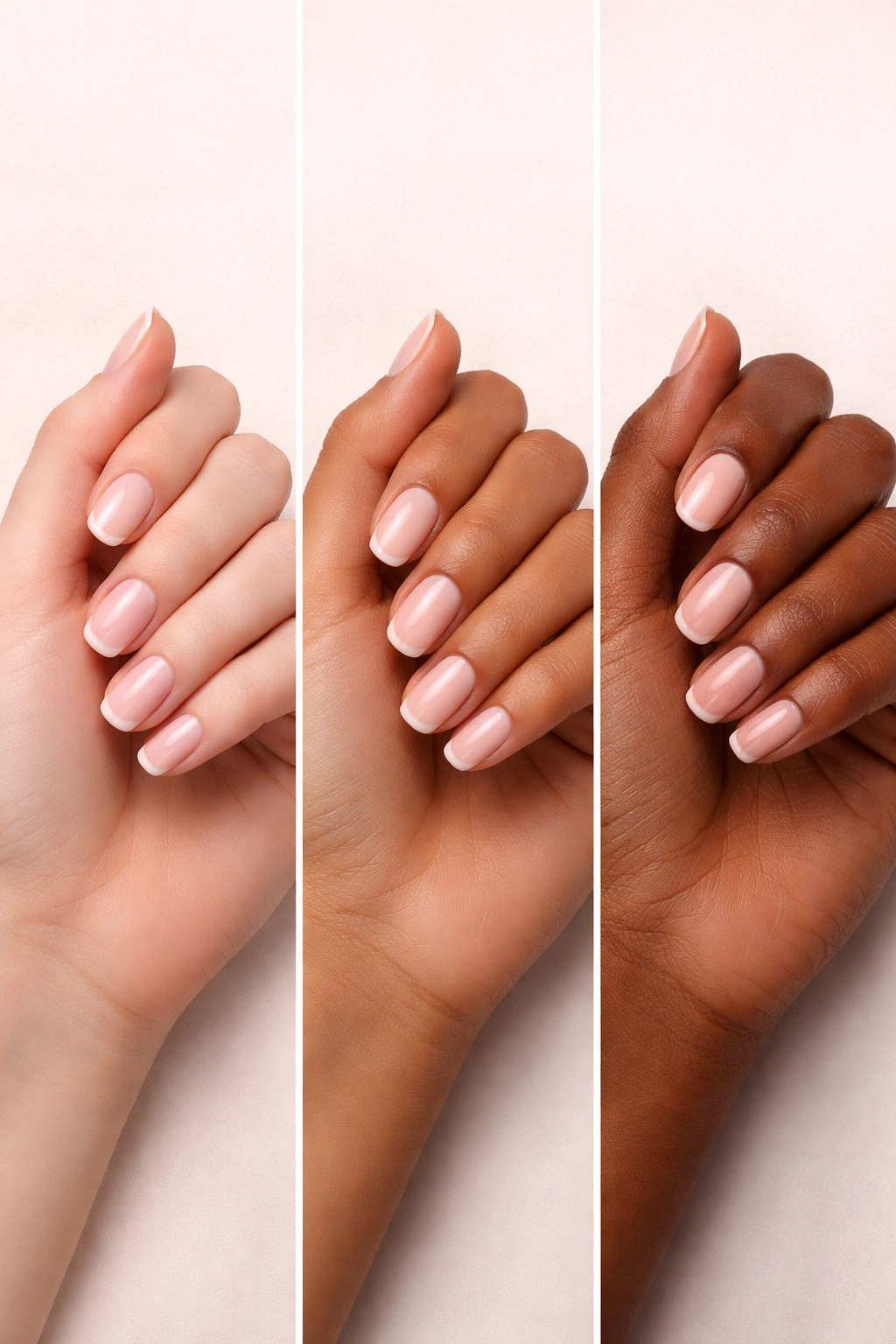 Three hands with different skin tones and natural nails against a neutral backdrop