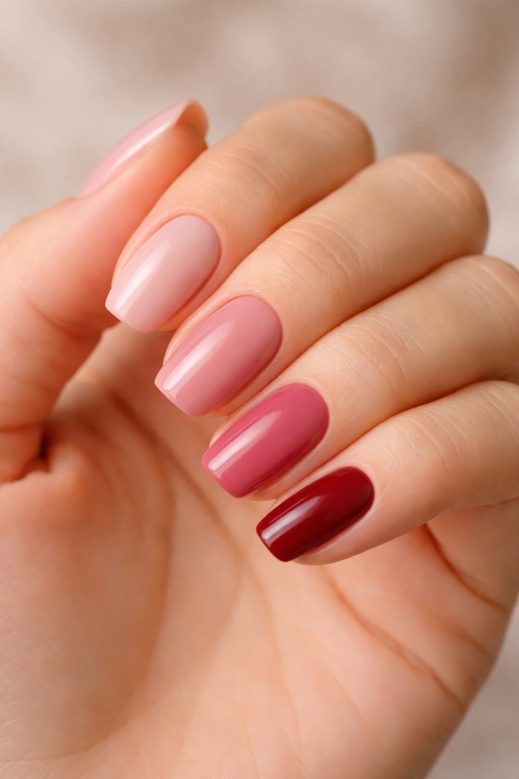 Hand with multiple nail shades showing skin-tone friendly options