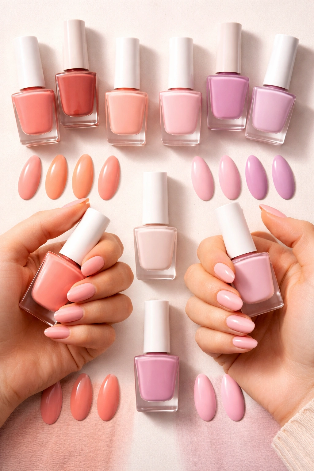 Swatches of pink nail polishes showing undertone variations for skin tones