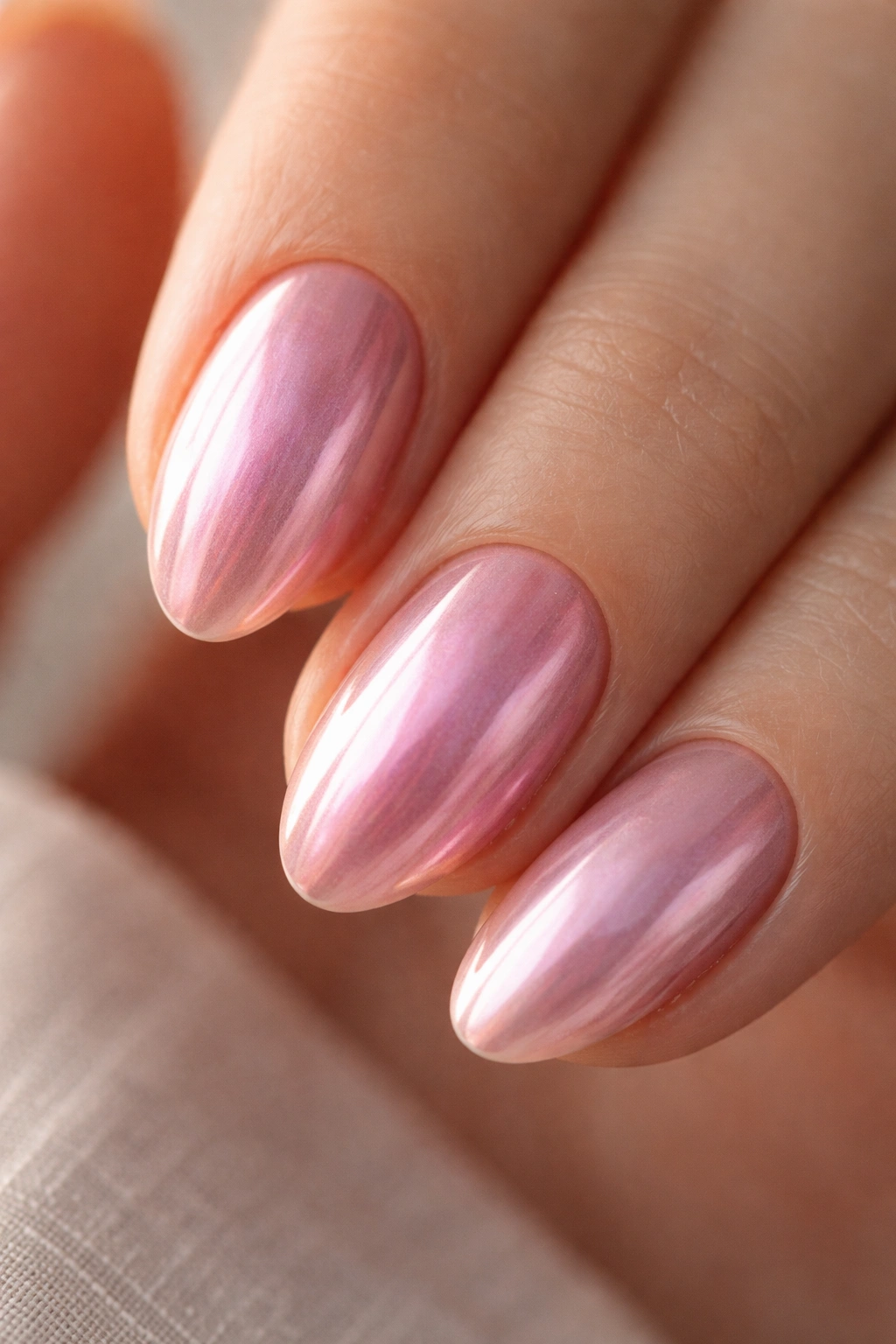 Close-up of a short almond nail in a balanced pink chrome shade against a neutral background