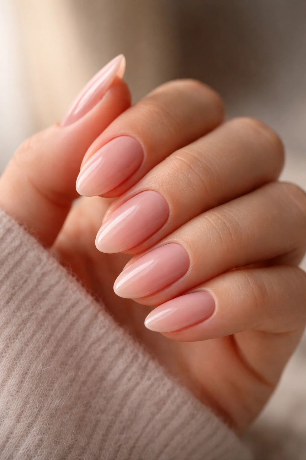 Close-up of a hand with soft pink nails against a neutral background