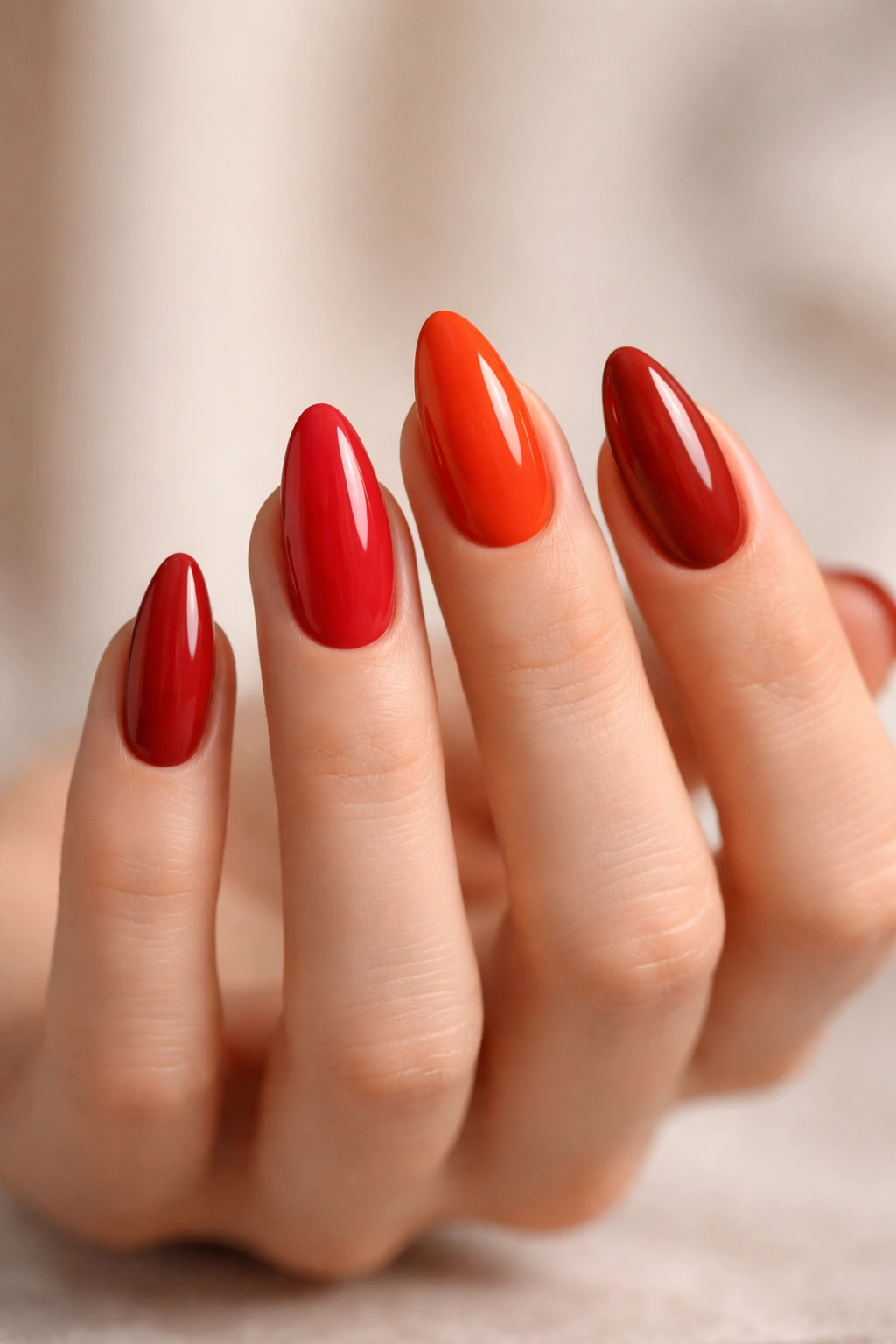 Almond nails painted in varied red shades to show undertone choices