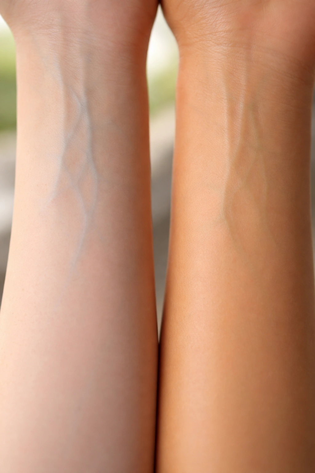 Close-up of forearm in natural light showing veins indicating cool and warm skin undertones