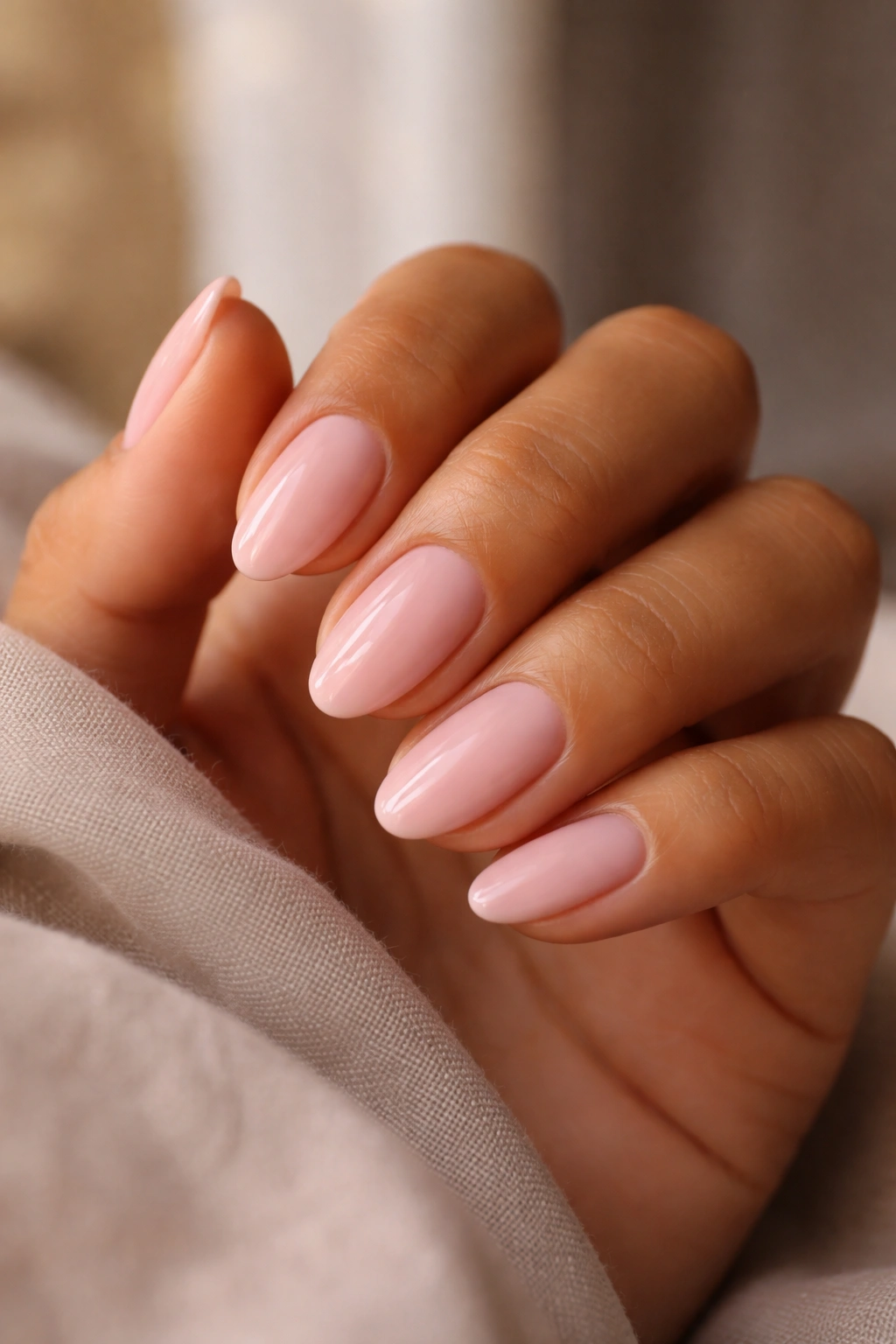 Hand with short almond nails in a warm pink shade against a neutral background