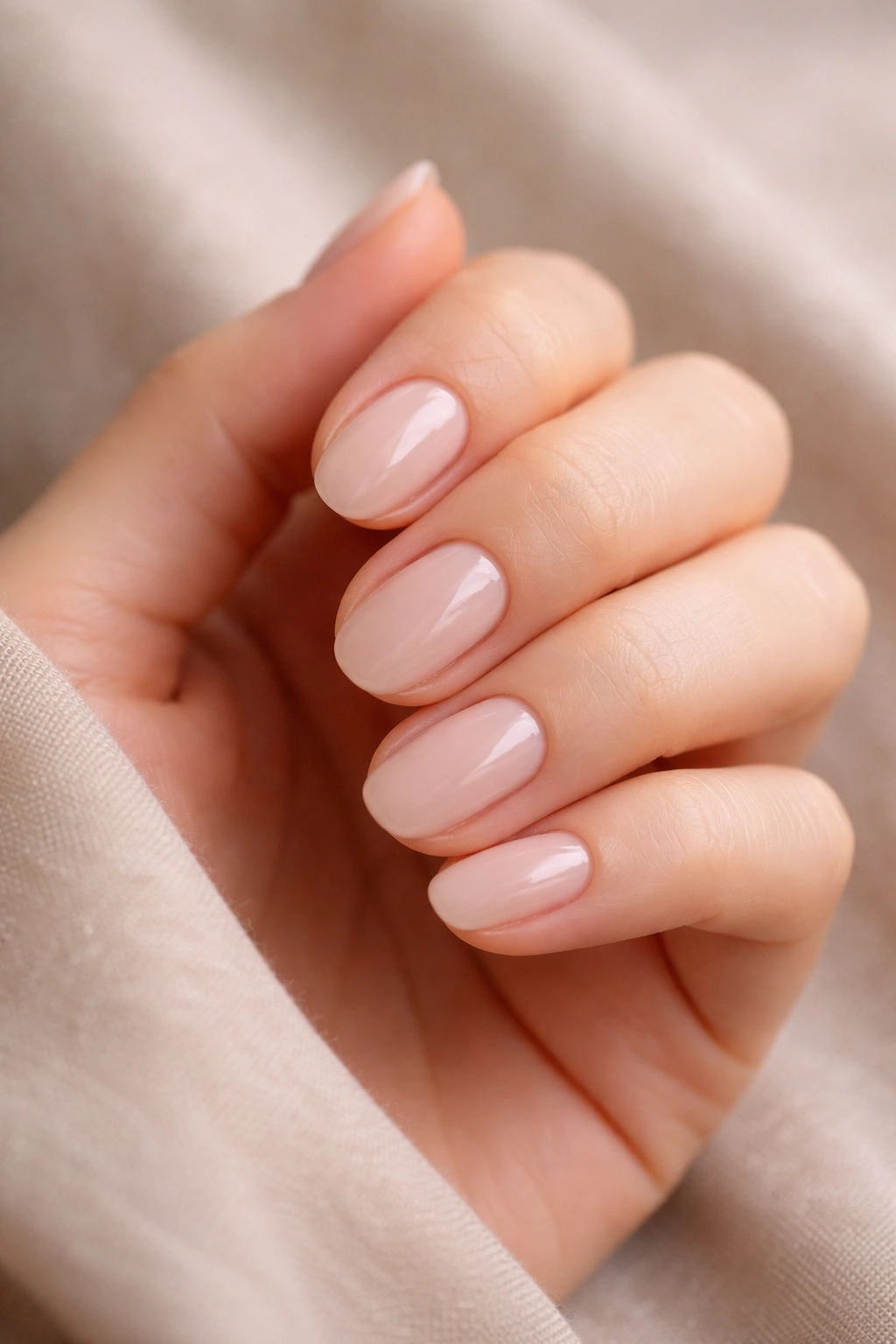 Hand with plain short oval gel extensions, no heavy decorations