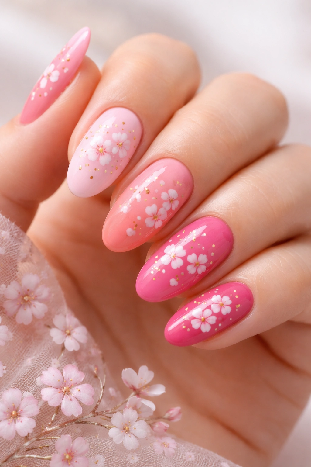 Hands showing multicolor pink skittle nails with blossom accents