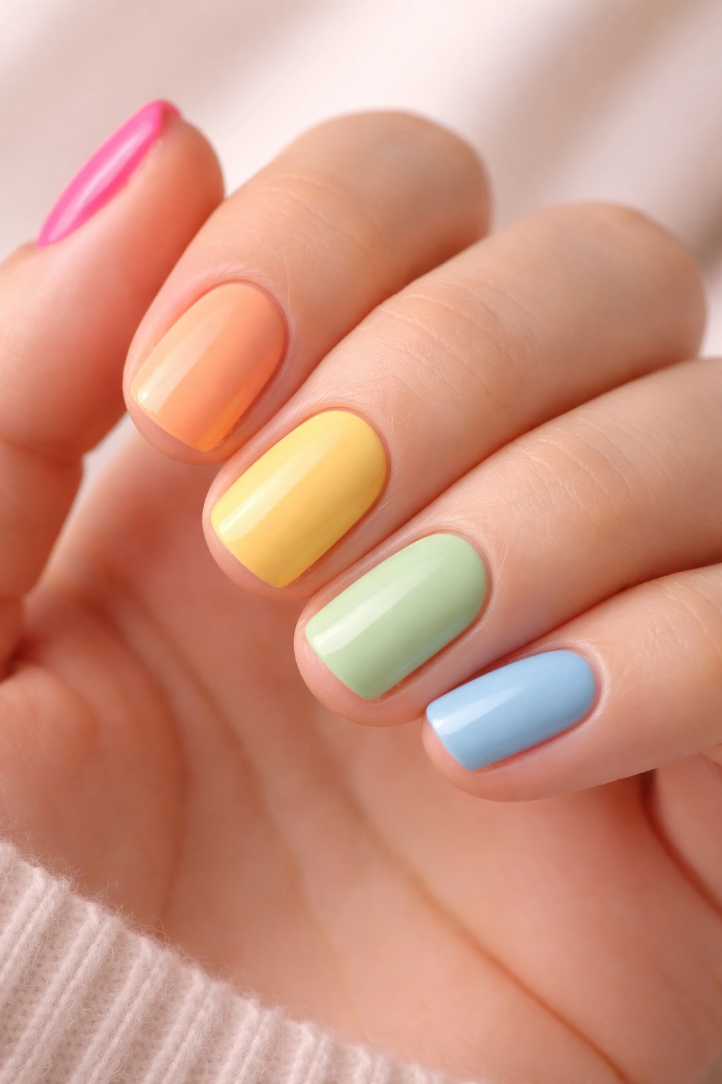 Close-up of short nails in a Skittle mani with varied cohesive colors