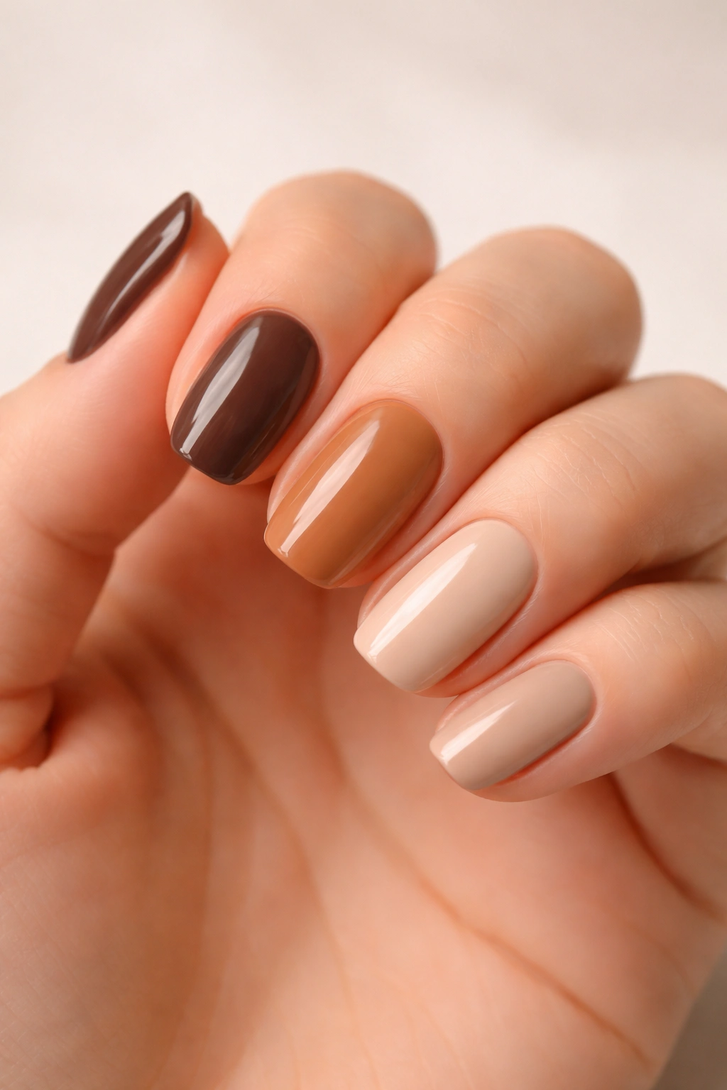 Close-up of hand showing five tonal Skittle nails from espresso to beige